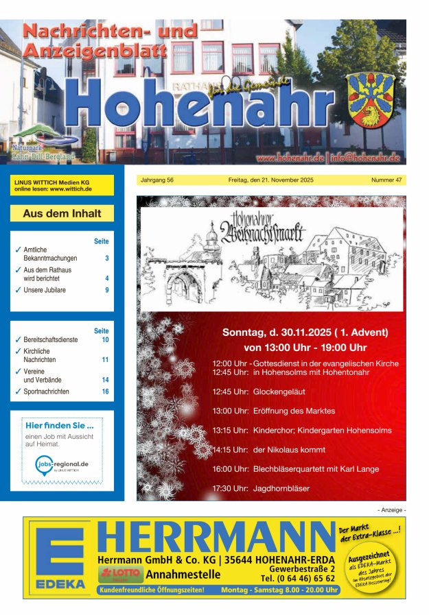 Nachrichten- und Anzeigenblatt für die Gemeinde Hohenahr Titelblatt 47/2025