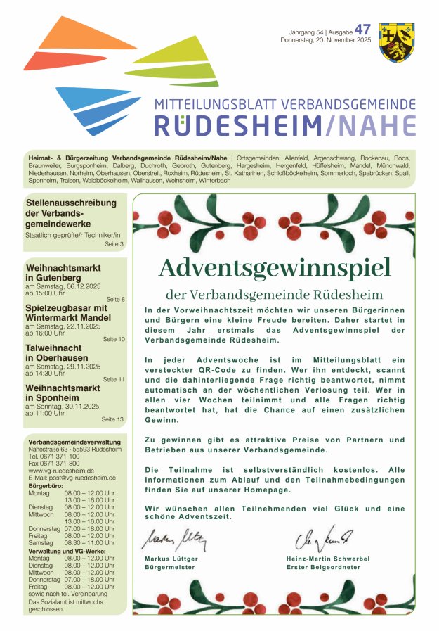Mitteilungsblatt Verbandsgemeinde Rüdesheim und zugehörige Ortsgemeinden Titelblatt 47/2025