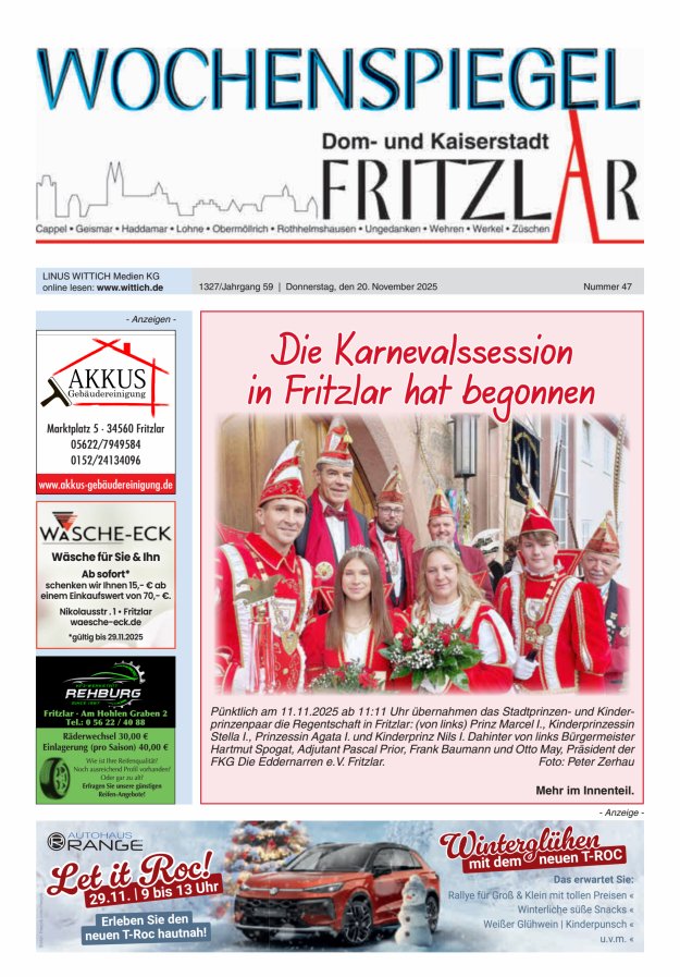 Wochenspiegel Dom- und Kaiserstadt Fritzlar Titelblatt 47/2025