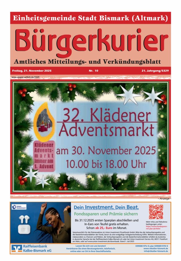 Bürgerkurier der Einheitsgemeinde Stadt Bismark (Altmark) Titelblatt 10/2025