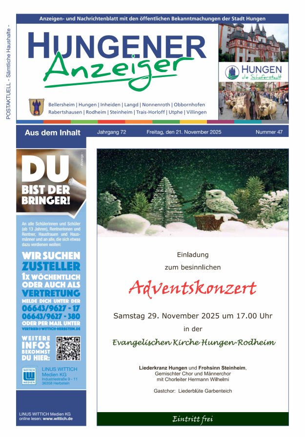 Anzeigen- und Nachrichtenblatt mit den öff  Bekanntmachungen der Stadt Hungen Titelblatt 47/2025