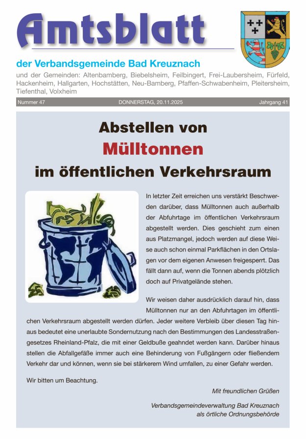 Amtsblatt der Verbandsgemeinde Bad Kreuznach Titelblatt 47/2025