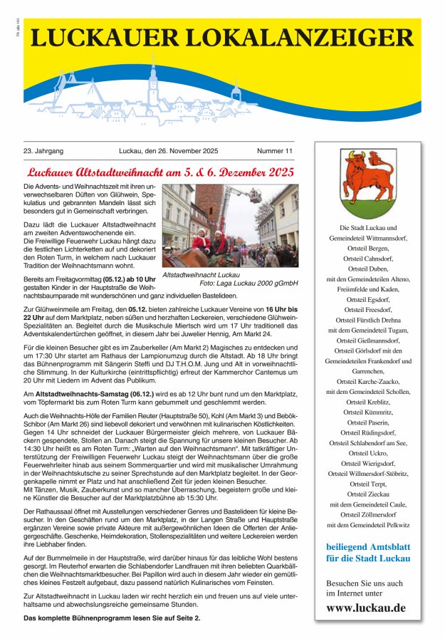 Luckauer Lokalanzeiger (beiliegend Amtsblatt für die Stadt Luckau) Titelblatt 11/2025
