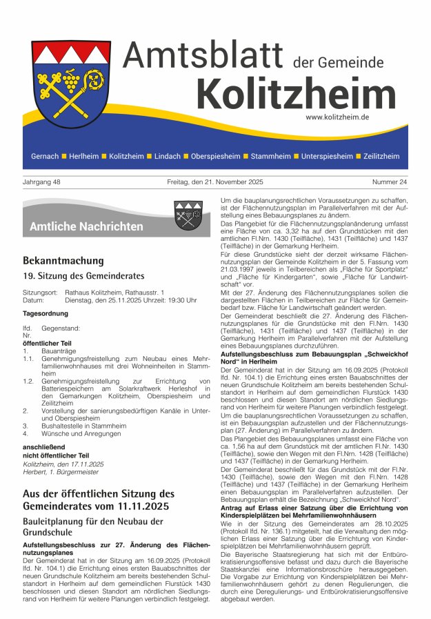 Amtsblatt der Gemeinde Kolitzheim Titelblatt 24/2025