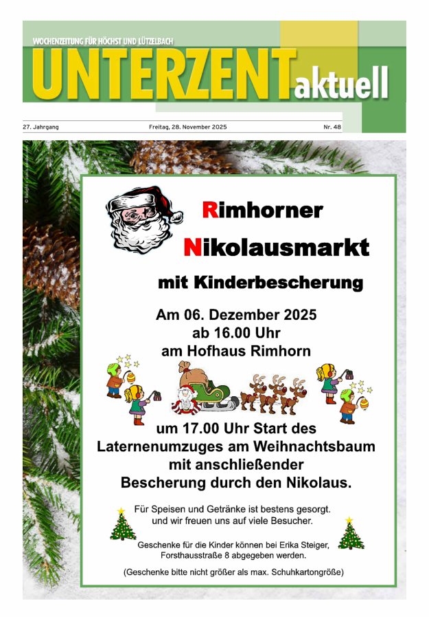 Unterzent aktuell Wochenzeitung für Höchst und Lützelbach Titelblatt 48/2025