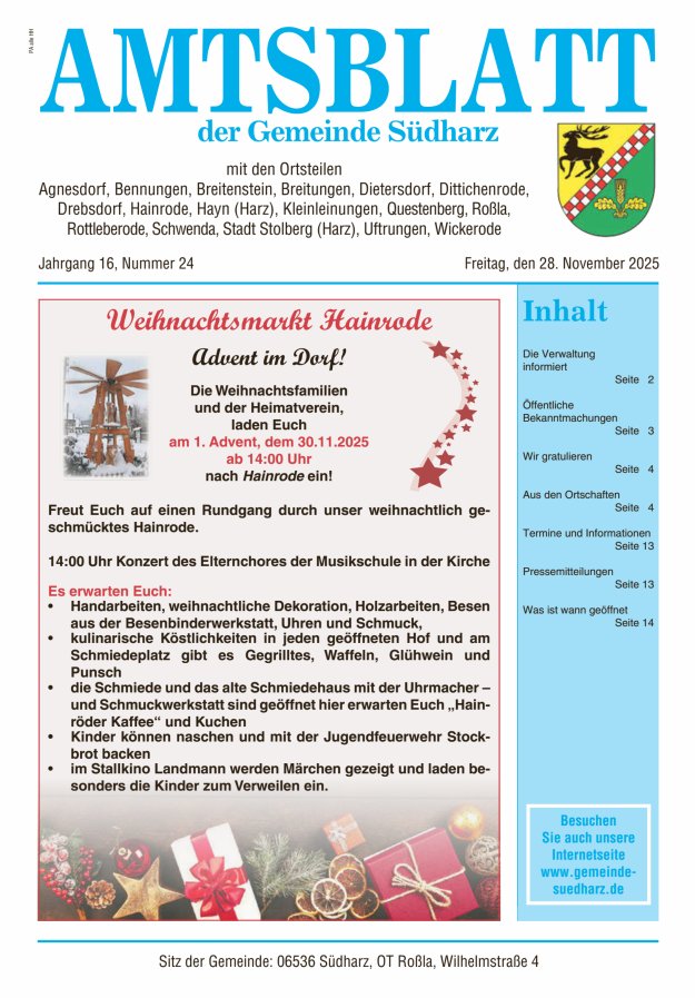 Amtsblatt der Gemeinde Südharz Titelblatt 24/2025
