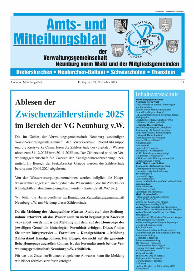 Amts- u Mitteilungsblatt der VG Neunburg vorm Wald u d Mitgliedsgemeinden Titelblatt 11/2025