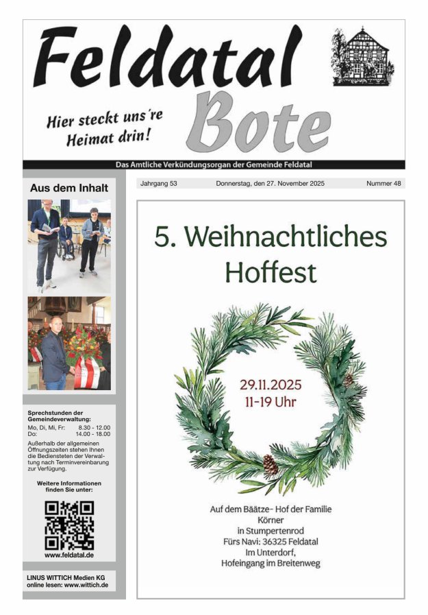 Das Amtliche Verkündungsorgan der Gemeinde Feldatal Titelblatt 48/2025