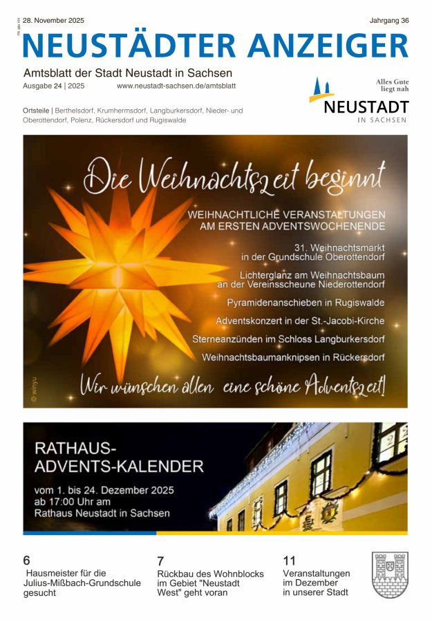 Neustädter Anzeiger - Amts- und Heimatblatt der Stadt Neustadt in Sachsen Titelblatt 24/2025