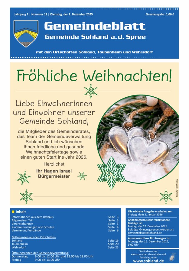 Amtsblatt der Gemeinde Sohland a. d. Spree mit den Ortschaften Sohland, Taubenheim und Wehrsdorf Titelblatt 12/2025