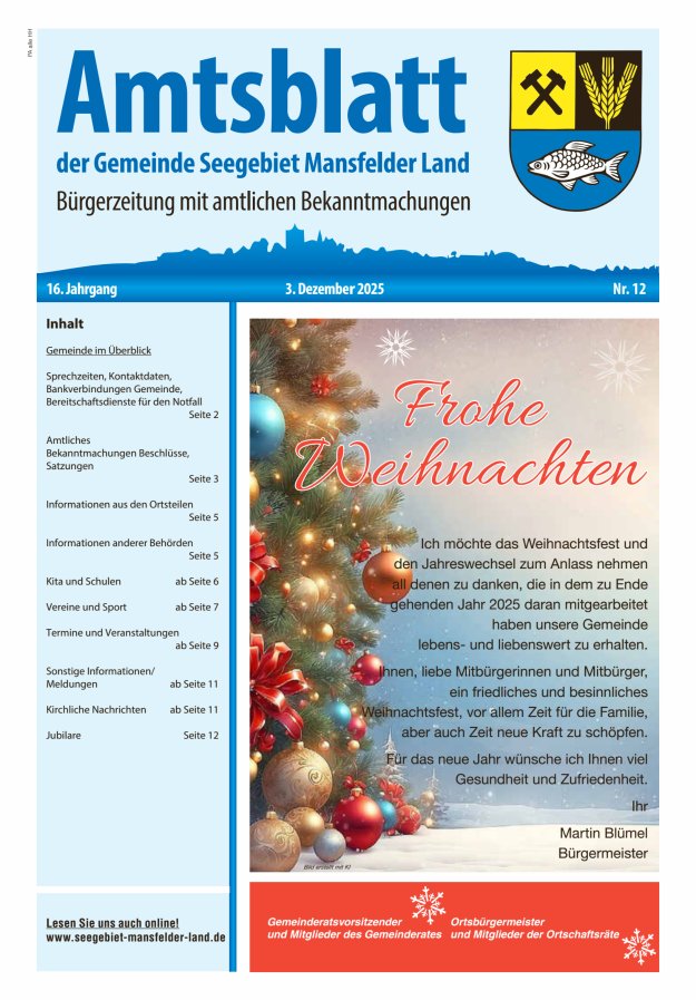Amtsblatt der Gemeinde Seegebiet Mansfelder Land Titelblatt 12/2025