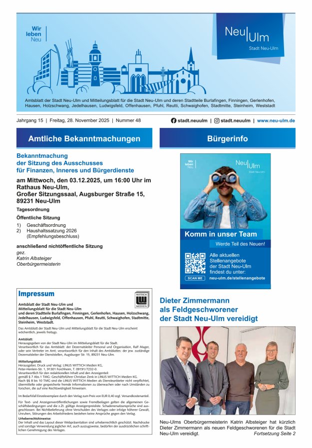 Amtsblatt der Stadt Neu-Ulm und Mitteilungsblatt für die Stadt Neu-Ulm Titelblatt 48/2025