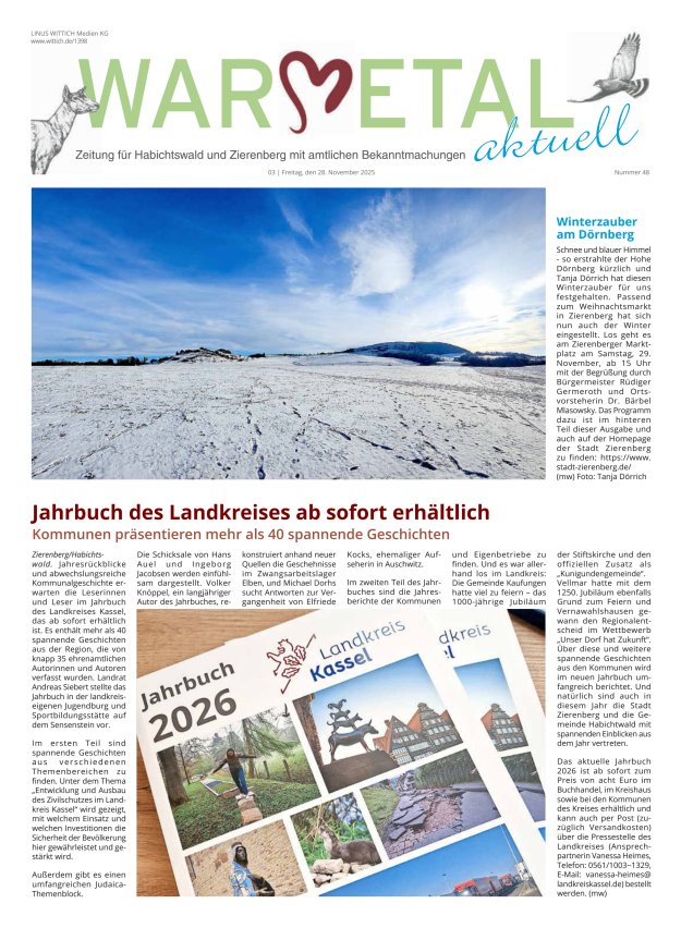 Warmetal aktuell (Habichtswald + Zierenberg) Titelblatt 48/2025