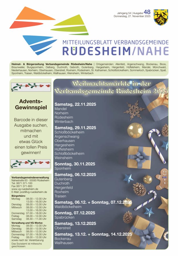 Mitteilungsblatt Verbandsgemeinde Rüdesheim und zugehörige Ortsgemeinden Titelblatt 48/2025
