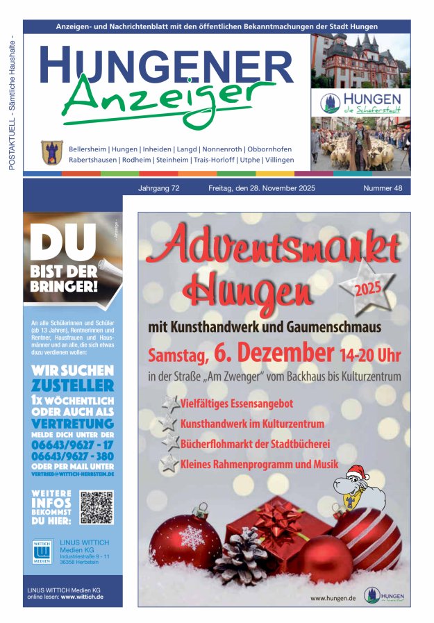 Anzeigen- und Nachrichtenblatt mit den öff  Bekanntmachungen der Stadt Hungen Titelblatt 48/2025