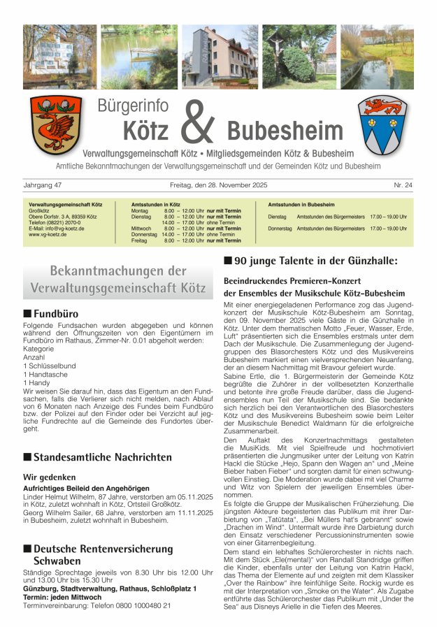 Amtsblatt der VG Kötz und der Mitgliedsgemeinden Titelblatt 24/2025
