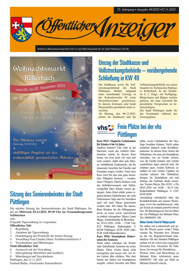 Öffentlicher Anzeiger - Stadt Püttlingen Titelblatt 48/2025