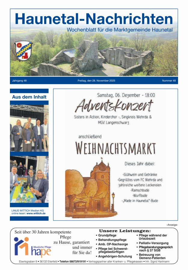 Haunetal-Nachrichten Titelblatt 48/2025