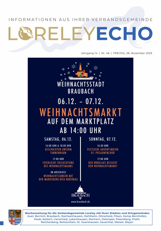 Loreley-Echo - Mitteilungsblatt der Verbandsgemeinde Loreley (Braubach) Titelblatt 48/2025