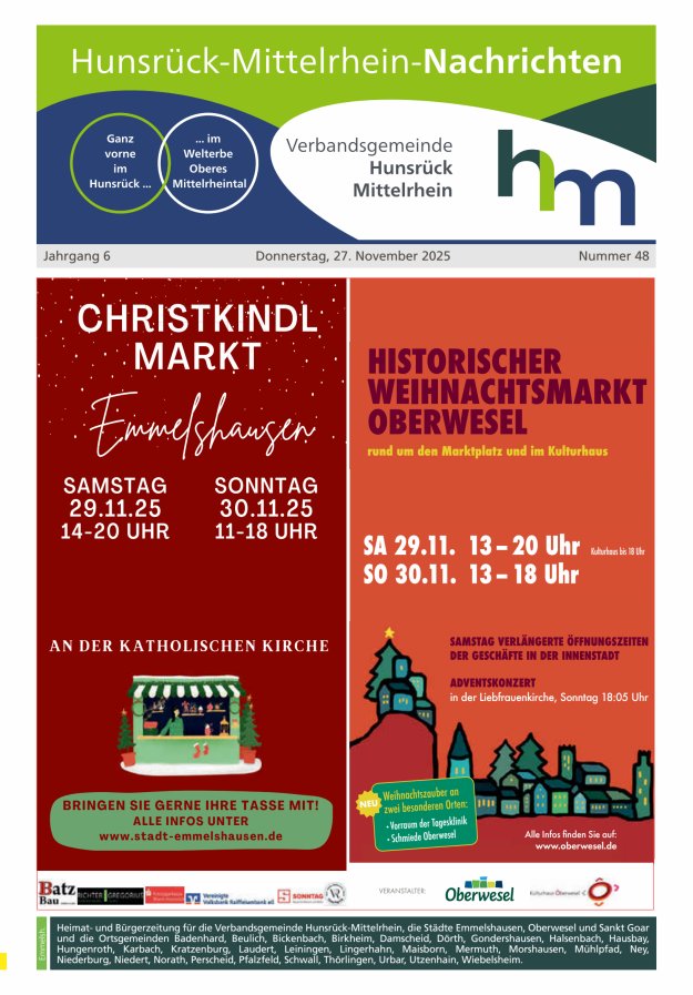 Hunsrück-Mittelrhein Nachrichten Ausgabe Emmelshausen Titelblatt 48/2025