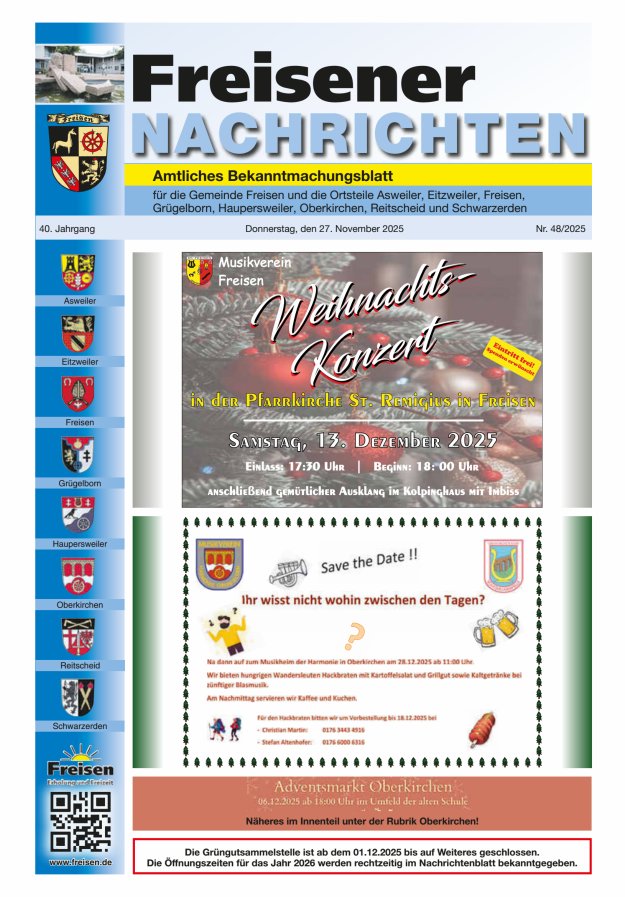 Freisener Nachrichten Titelblatt 48/2025