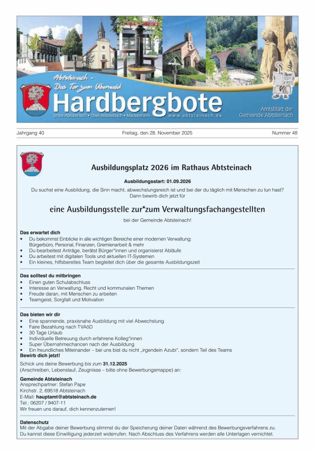 Hardbergbote - Mitteilungsblatt der Gemeinde Abtsteinach Titelblatt 48/2025