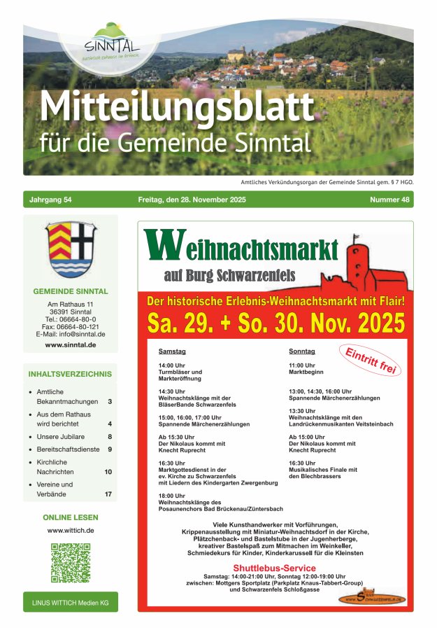Mitteilungsblatt für die Gemeinde Sinntal Titelblatt 48/2025
