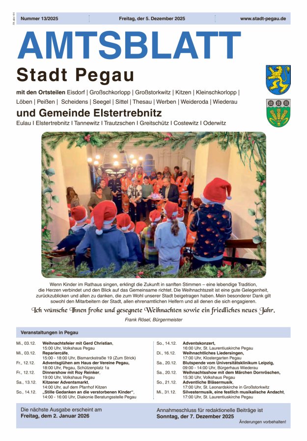 Amtsblatt Stadt Pegau und Gemeinde Elstertrebnitz  Titelblatt 13/2025