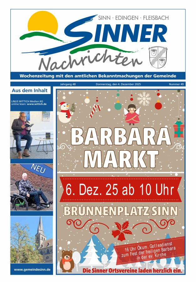 Sinner Nachrichten Titelblatt 49/2025