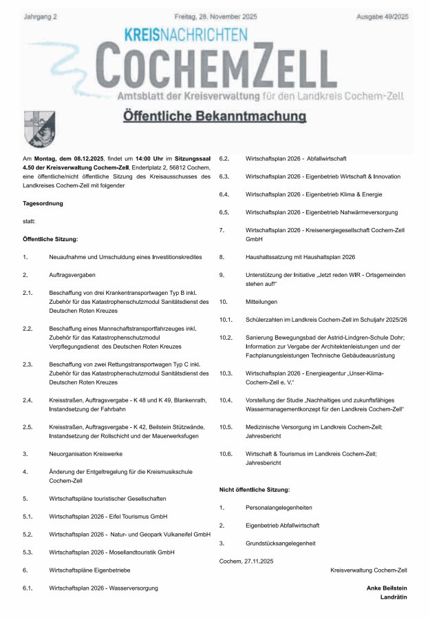 Kreisnachrichten Cochem-Zell Titelblatt 49/2025