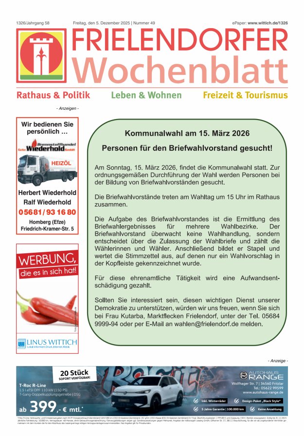 Frielendorfer Wochenblatt Titelblatt 49/2025