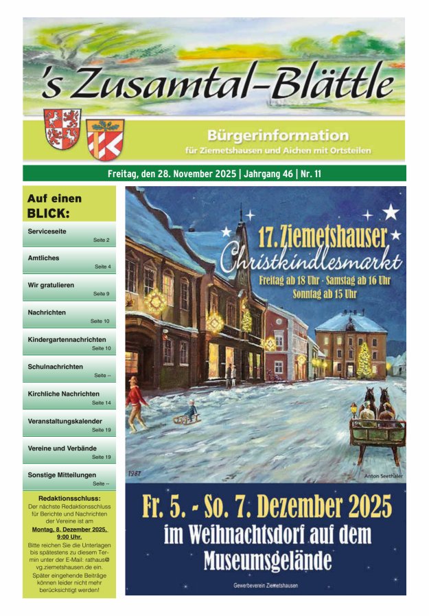 's Zusamtal-Blättle Bürgerinformationen für Ziemetshausen und Aichen mit OTen Titelblatt 11/2025