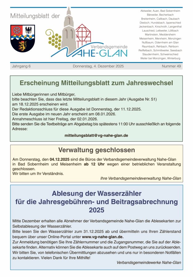 Mitteilungsblatt für die Verbandsgemeinde Nahe-Glan Titelblatt 49/2025