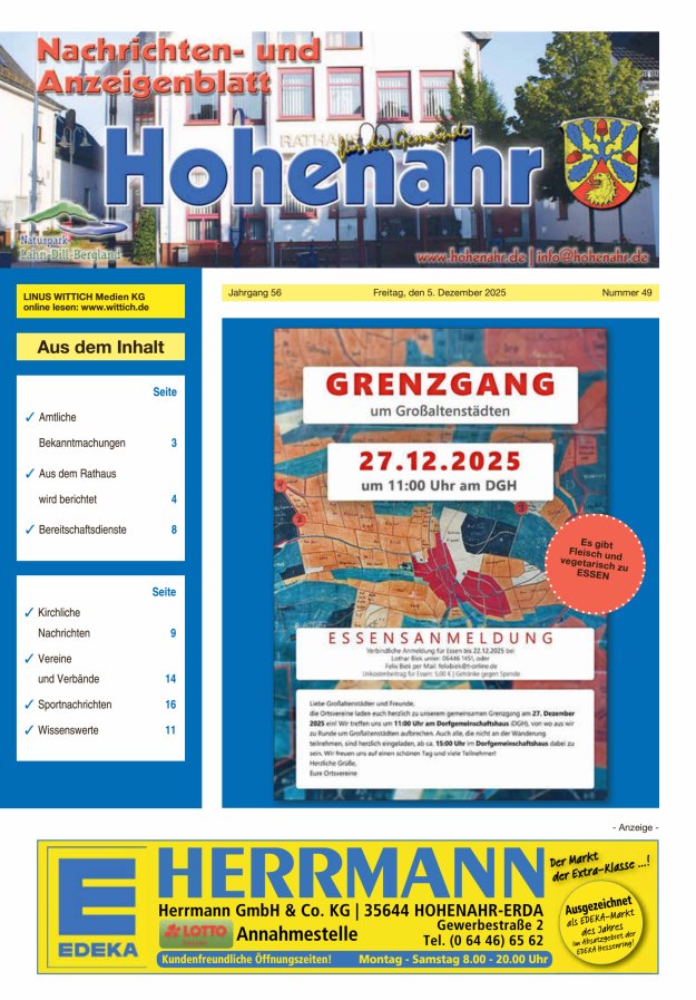 Nachrichten- und Anzeigenblatt für die Gemeinde Hohenahr Titelblatt 49/2025
