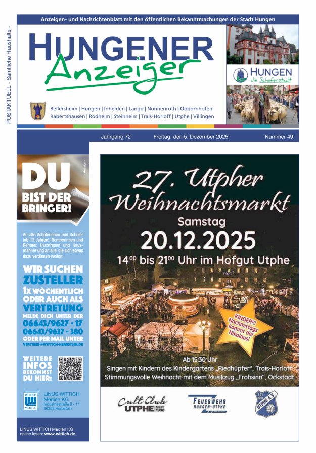 Anzeigen- und Nachrichtenblatt mit den öff  Bekanntmachungen der Stadt Hungen Titelblatt 49/2025