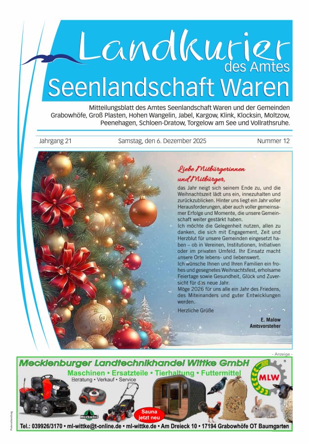 Landkurier des Amtes Seenlandschaft Waren Titelblatt 12/2025