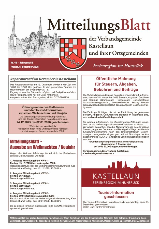 Mitteilungsblatt Kastellaun Titelblatt 49/2025
