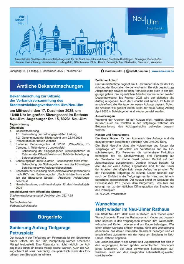 Amtsblatt der Stadt Neu-Ulm und Mitteilungsblatt für die Stadt Neu-Ulm Titelblatt 49/2025