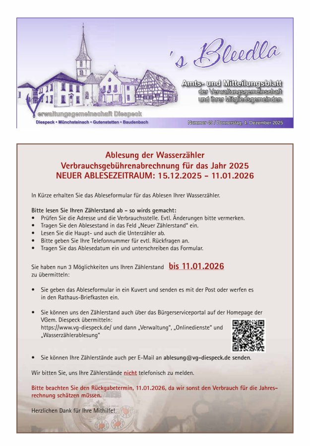 Amts- und Mitteilungsblatt VGem Diespeck Titelblatt 49/2025