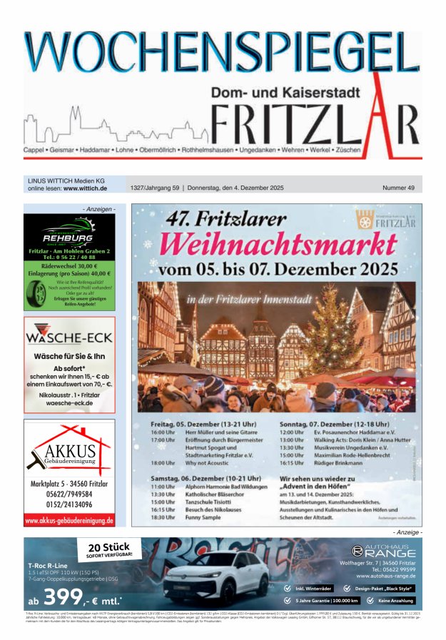 Wochenspiegel Dom- und Kaiserstadt Fritzlar Titelblatt 49/2025