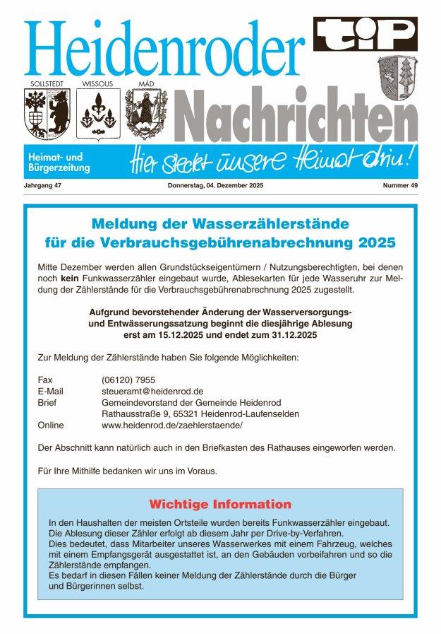 "tip" Heidenroder Nachrichten Titelblatt 49/2025