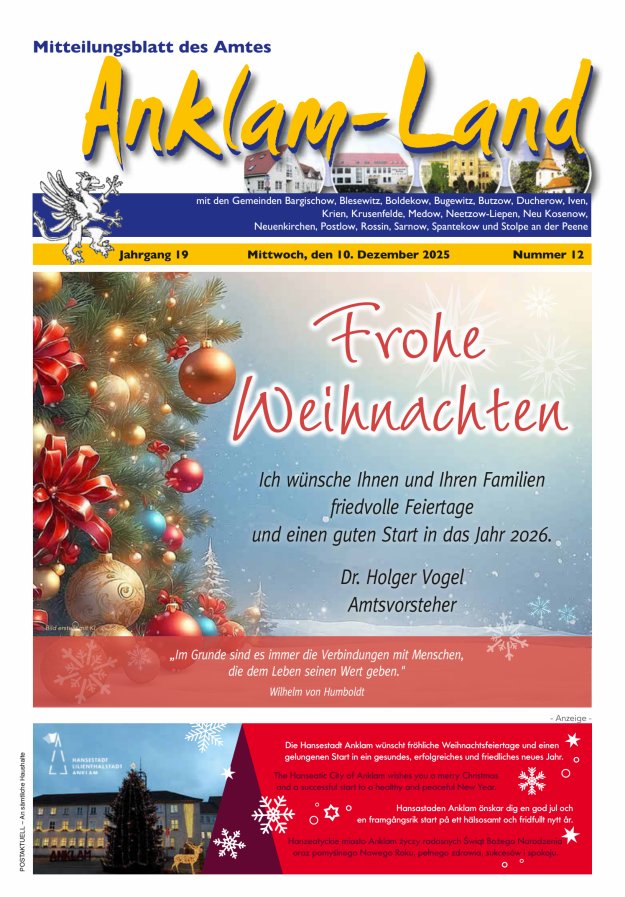 Mitteilungsblatt des Amtes Anklam-Land Titelblatt 12/2025