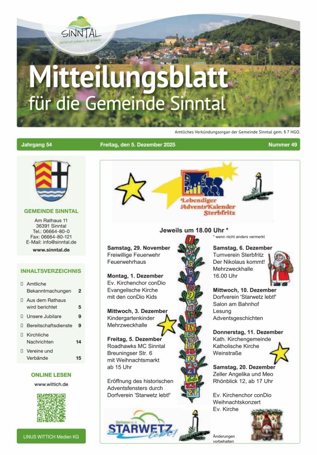 Mitteilungsblatt für die Gemeinde Sinntal Titelblatt 49/2025