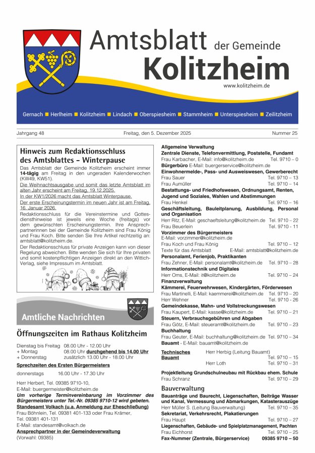 Amtsblatt der Gemeinde Kolitzheim Titelblatt 25/2025