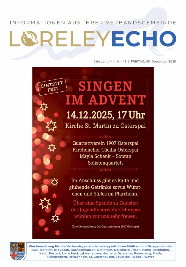 Loreley-Echo - Mitteilungsblatt der Verbandsgemeinde Loreley Titelblatt 49/2025