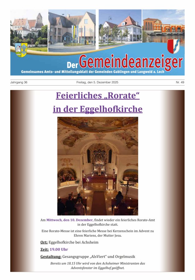 Der Gemeindeanzeiger - Gablingen Langweid Titelblatt 49/2025