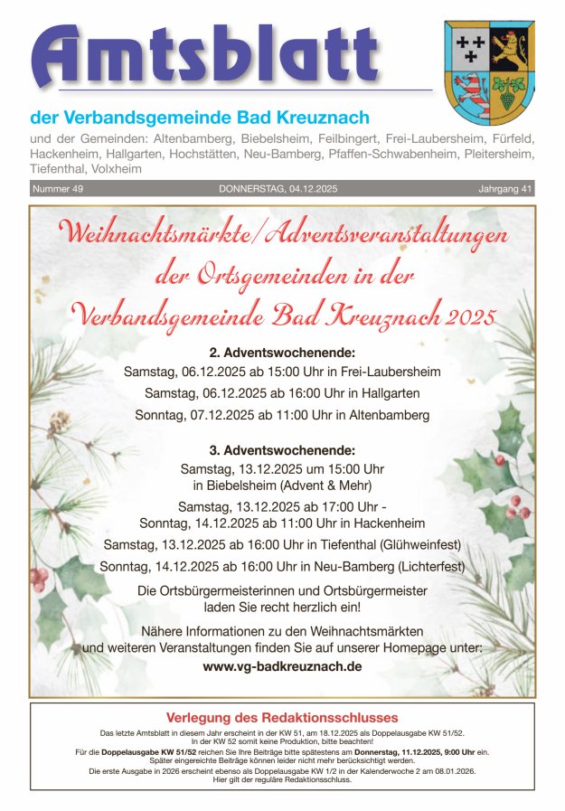 Amtsblatt der Verbandsgemeinde Bad Kreuznach Titelblatt 49/2025