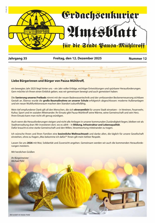 Erdachsenkurier - Amtsblatt für die Gemeinde Pausa-Mühltroff Titelblatt 12/2025