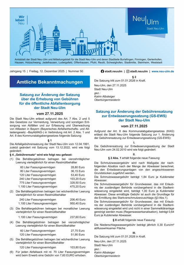 Amtsblatt der Stadt Neu-Ulm und Mitteilungsblatt für die Stadt Neu-Ulm Titelblatt 50/2025