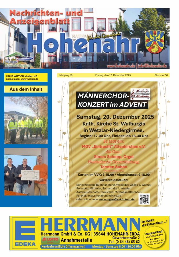 Nachrichten- und Anzeigenblatt für die Gemeinde Hohenahr Titelblatt 50/2025